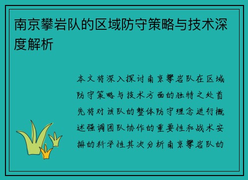 南京攀岩队的区域防守策略与技术深度解析